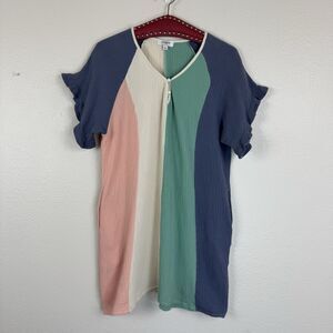 Umgee Colorblock Stripe Short Sleeve Cotton Gauze Muslin Mini Dress Small